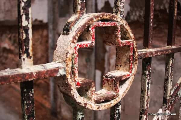 A medical cross on the entrance to the prison hospital at Eastern State Penitentiary in Philadelphia. 