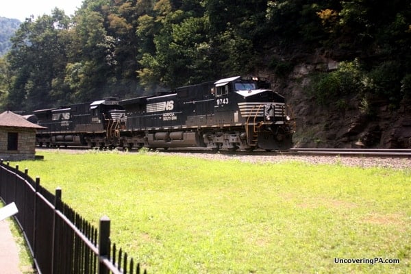 A freight train travels through the famous Horseshoe Curve in Altoona, Pennsylvania.