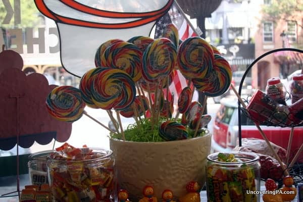 A lollipop display in a candy store in downtown Stroudsburg, Pennsylvania.