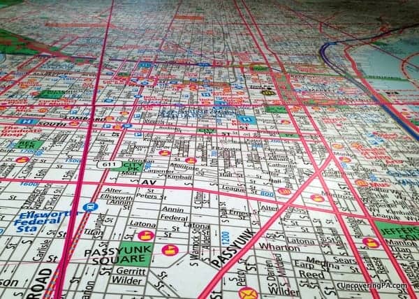 This neighborhood map of Philadelphia takes up the floor of an entire room at the Philadelphia History Museum.