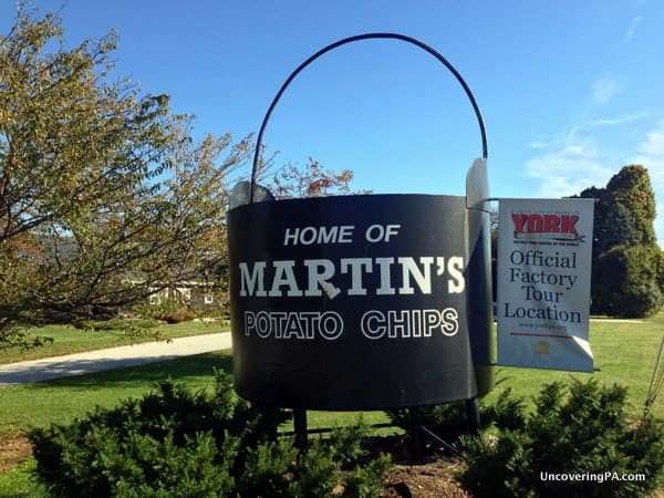This street signs welcomes visitors to the Martin's Potato Chip Factory Tour.