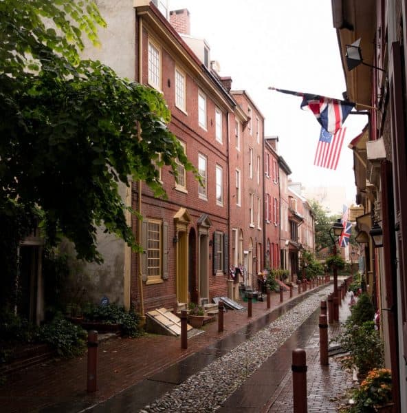 Elfreth's Alley in Philadelphia on a rainy day