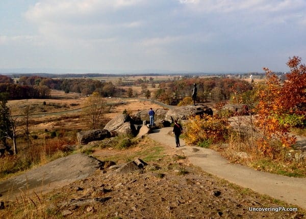 Looking out over the Gettysburg Battlefield from the top of Little Round Top in Gettysburg, Pennsylvania.