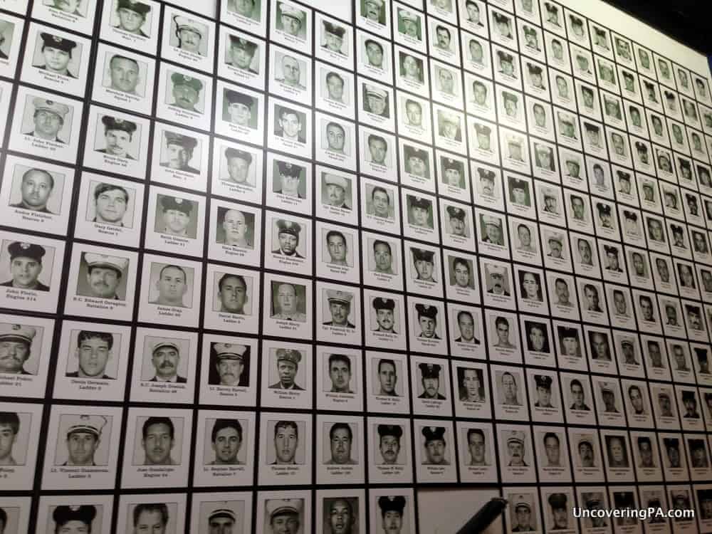 Some of the firefighters who died in the 9/11 Terrorist Attacks. Their photos line the stairwell of the National Liberty Center in Philadelphia, Pennsylvania.