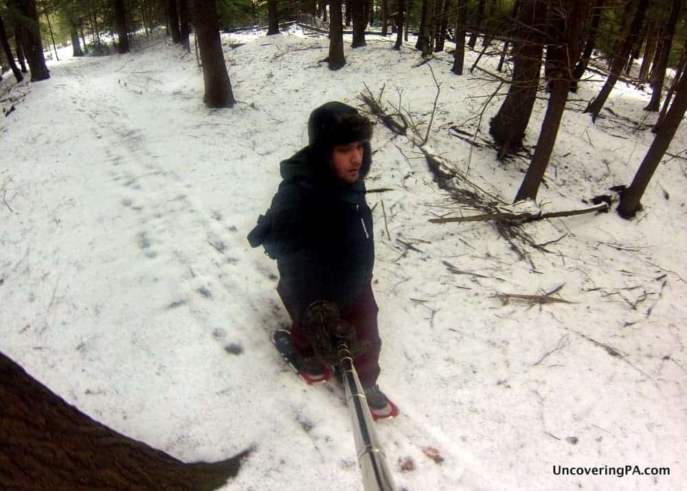 Jim Cheney snowshoeing in Parker Dam State Park, Clearfield County, Pennsylvania.