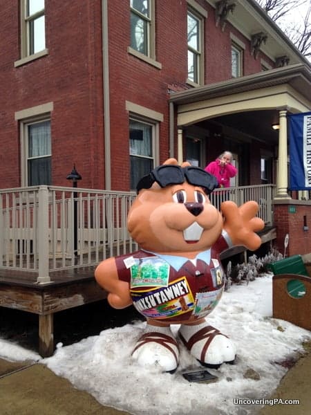 A Punxsutawney Phil statue outside of the Punxsutawney Historical Society Museum.