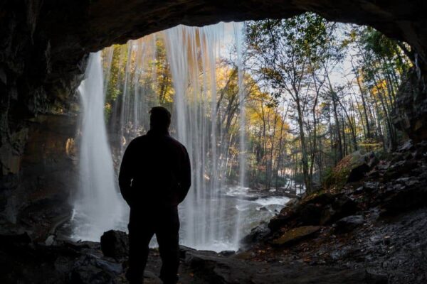 Going behind Cucumber Falls in the Laurel Highlands