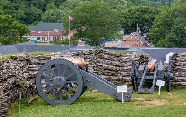 Canons sit inside the wooden walls at Fort Ligonier in Pennsylvania