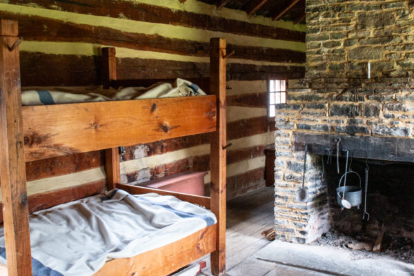 A soldiers' cabin on display inside Fort Ligonier in the Laurel Highlands of Pennsylvania