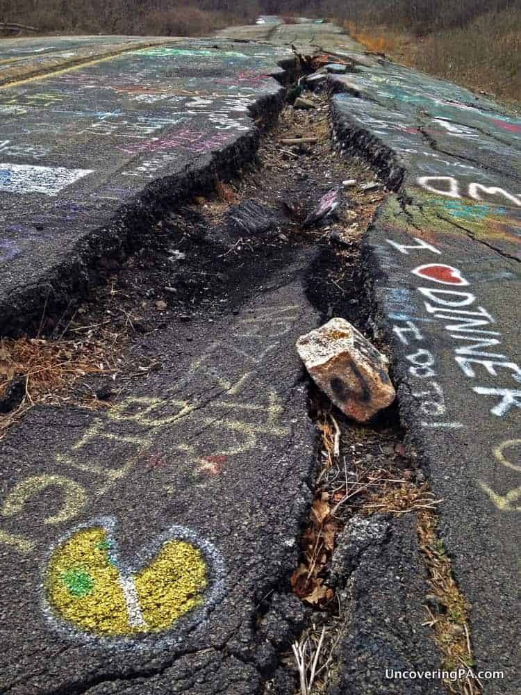 A large crack in the road along the Graffiti Highway in Centralia, Pennsylvania. 