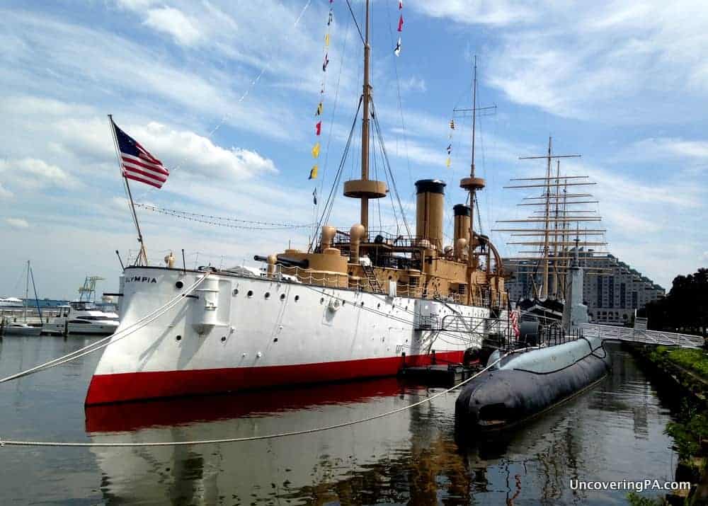 The Olympia and Becuna sit outside the Independence Seaport in Philadelphia, Pennsylvania.