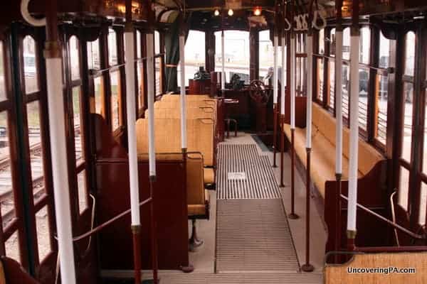 The interior of a restored trolley at the Pennsylvania Trolley Museum.