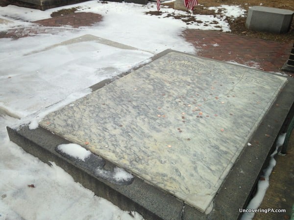 Benjamin Franklin's Grave as seen from outside the sidewalk outside the cemetery.