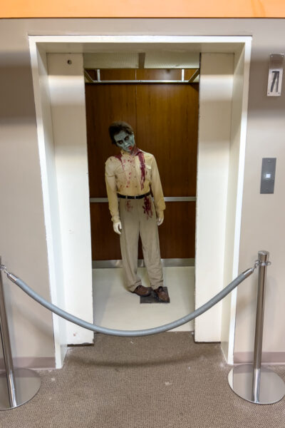 Zombie standing in an elevator at The Living Dead Museum in Allegheny County Pennsylvania
