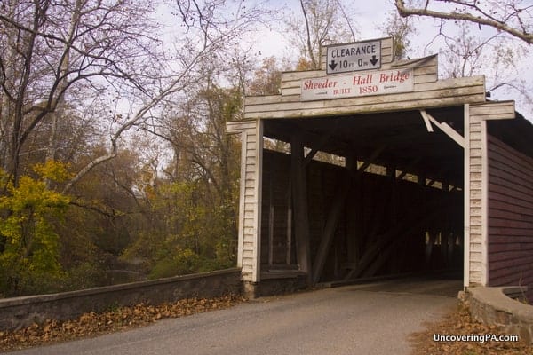 The entrance to Sheeder-Hall Covered Bridges in Chester County, Pennsylvania.