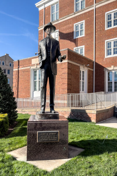 The statue of Jimmy Stewart outside the Indiana County Courthouse in Pennsylvania