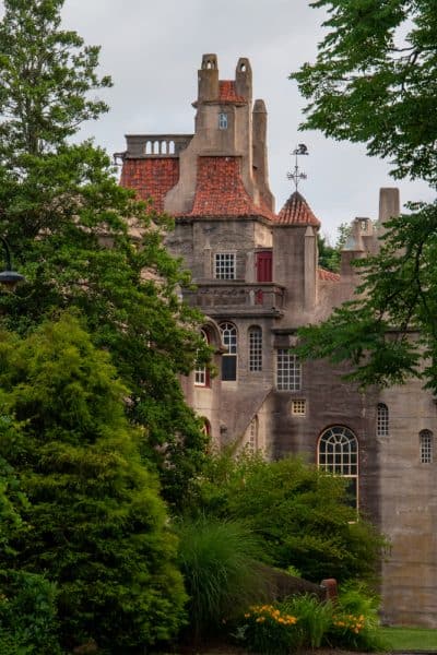 Looking through the trees towards Fonthill Castle in Bucks County, Pennsylvania