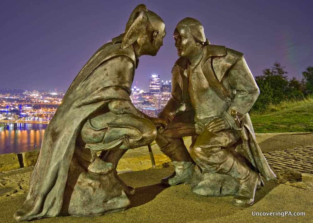 The statue of Washington and Guyasuta on top of Mount Washington in Pittsburgh