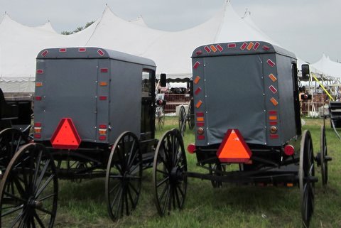 Amish-buggies op een modderverkoop in Lancaster County, Pennsylvania