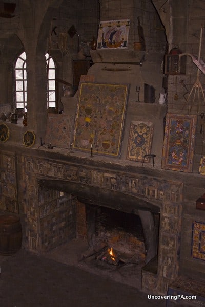 A large fireplace inside the Moravian Pottery and Tile Works in Doylestown, PA