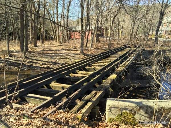 Old train tracks crossing near Little Gap Covered Bridge in Carbon County, PA