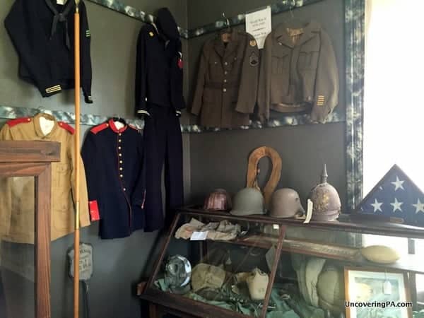 A collection of military memorabilia at the Greene County Historical Society Museum in Waynesburg, Pennsylvania.