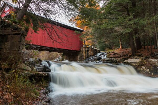 Packsaddle Covered Bridge during peak fall colors in PA