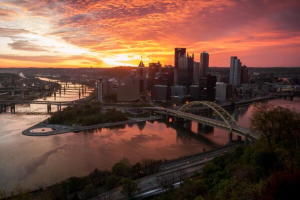 Aerial view of Pittsburgh, Pennsylvania, with a focus on the