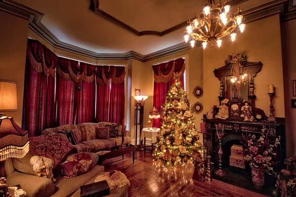 The parlor of Hegarty Mansion decorated for Christmas.