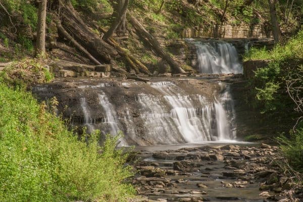 The twin waterfalls of East Park in Connellsville, Pennsylvania.