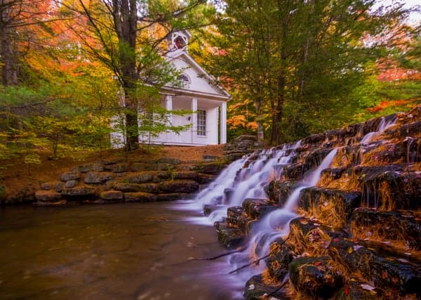 Chapel in Hickory Run State park surrounded by Poconos Fall Foliage