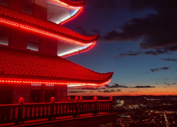 A close up view of the Reading Pagoda at night.