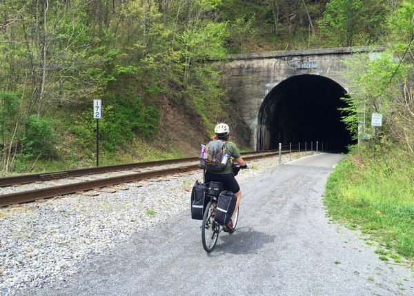 Biking through a tunnel on the Great Allegheny Passage