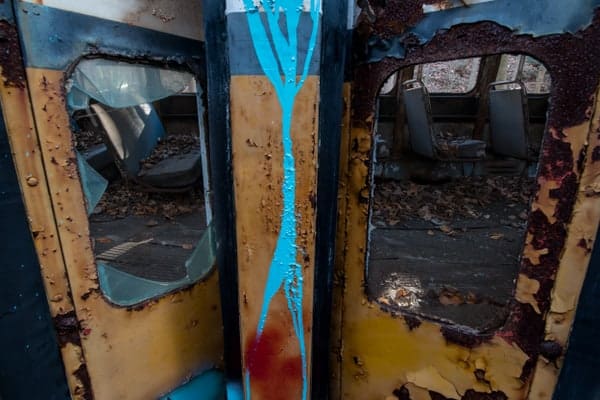 Inside the streetcars at the Abandoned Trolley Graveyard in the Allegheny Mountains of Pennsylvania