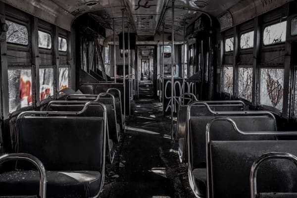 Inside an abandoned trolley at the Vintage Electric Streetcar Company in PA
