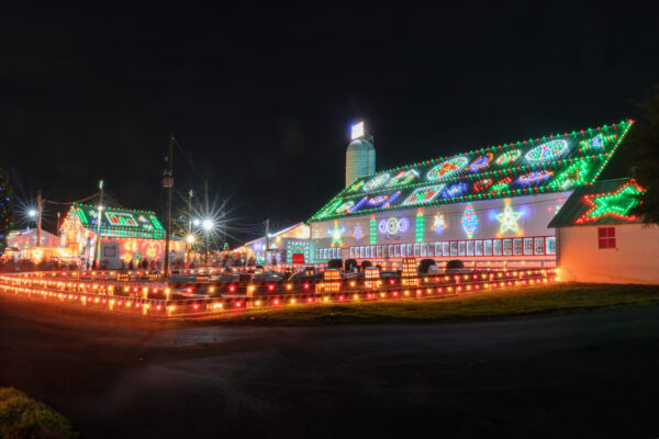 Old Dairy Barn covered in lights at Koziar's Christmas Village in Berks County PA