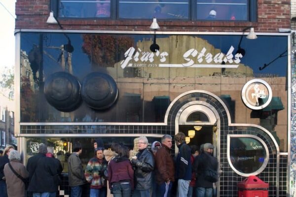 Line outside of Jim's Steaks in Philadelphia, Pa