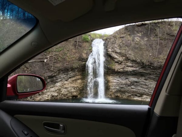 Hinkston Run Falls from inside a car.