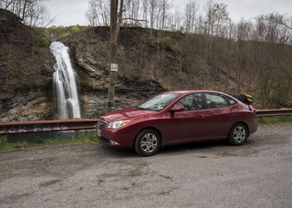 A car parked at Hinkston Run Falls in Cambria County, Pennsylvania