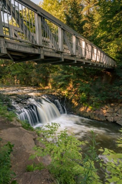 Waterfall in Pine Grove, PA with a bridge over it