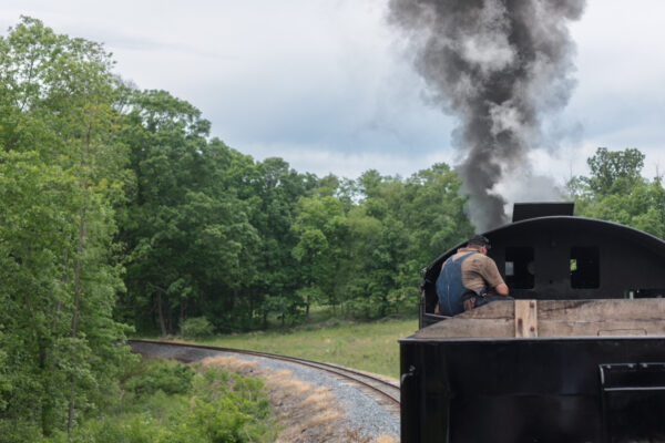 The East Broad Top Railroad chugging down the track in the Alleghenies of PA