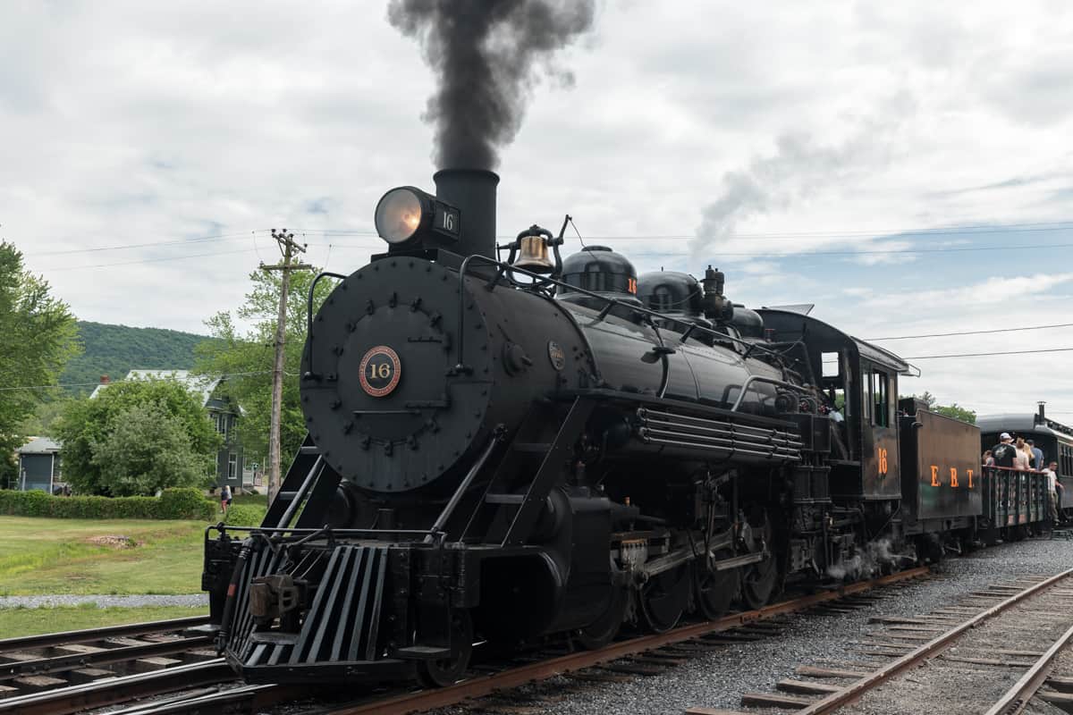 A steam engine at the front of a train at the East Broad Top Railroad in Rockhill PA