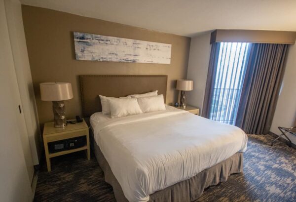 A king bedroom at the Embassy Suites in Center City Philadelphia.