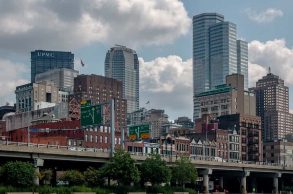 Downtown Pittsburgh as seen from the Monongahela River on a Just Ducky Tour.