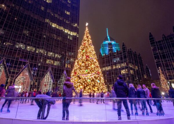 Ice Skating in PPG Place at Christmas in Pittsburgh on Light Up Night