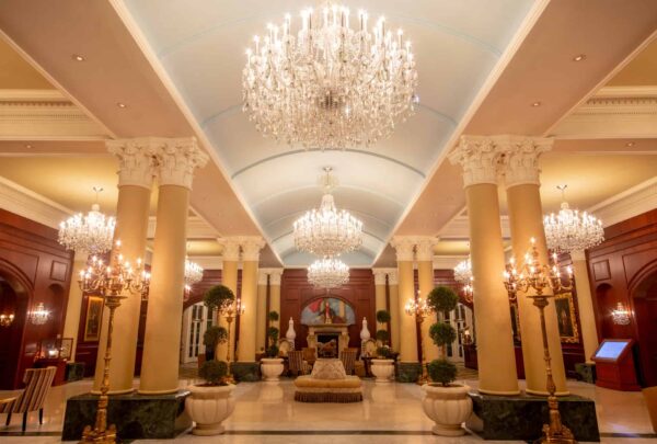 The lobby of the Chateau Lafayette at Nemacolin Woodlands Resort