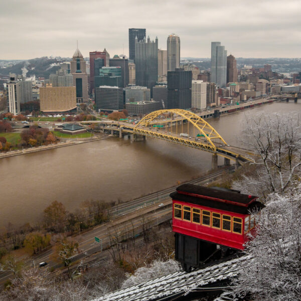 Snow on Mount Washington with the Duquesne Incline in the foreground 