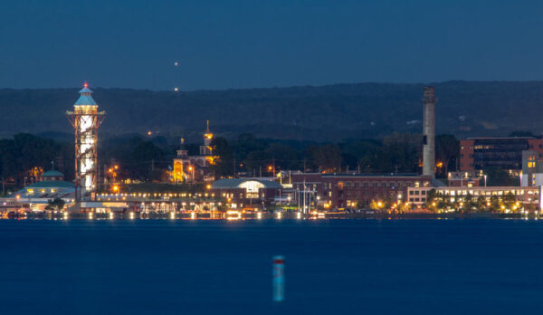 Nighttime skyline of Erie, PA from across Presque Isle Bay