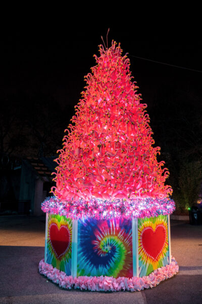 The large plastic pink flamingo Christmas tree at LumiNature at the Philadelphia Zoo