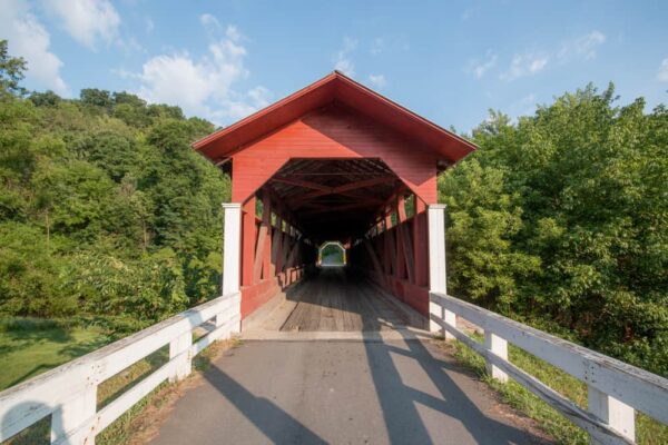 The entrance to Heirline Covered Bridge near Manns Choice PA
